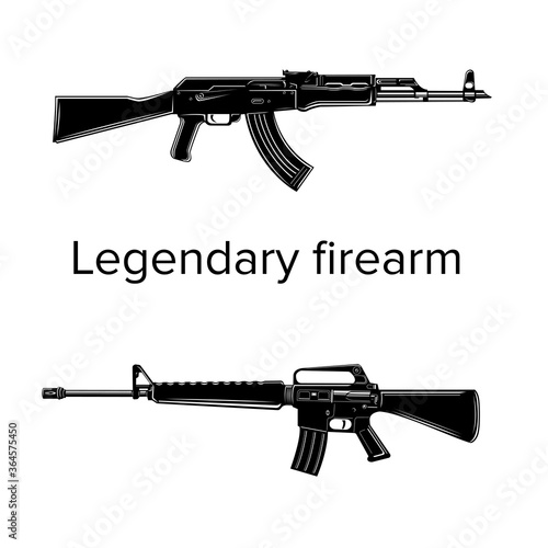 Legendary assault rifles vector illustration. Classic armament . Automatic tactical carbines