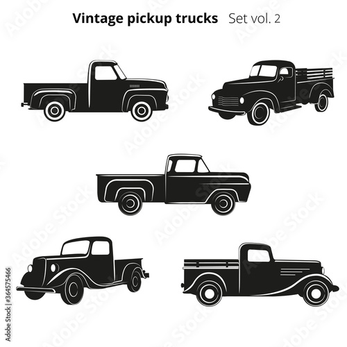 Old retro pickup trucks vector illustration set. Vintage transport vehicle