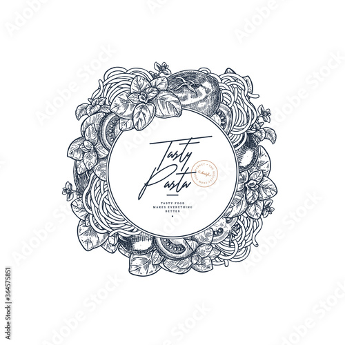 Tasty basil, tomato and pasta linear round design. Engraved frame illustration. Italian ingredients. Packaging label. Vector illustration