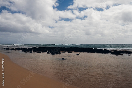 Sand beach with black stones  Kauai Hawaii USA
