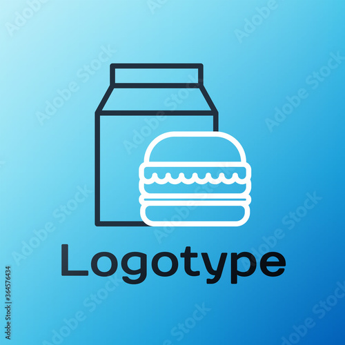 Line Online ordering and burger delivery icon isolated on blue background. Colorful outline concept. Vector Illustration.