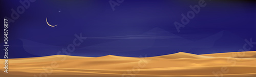 Desert landscape with sand dunes with crescent moon and star at dark night for banner or background in ramadon, vector illusion Minimalist panoramic realistic cartoon of nature, sand with the moon.