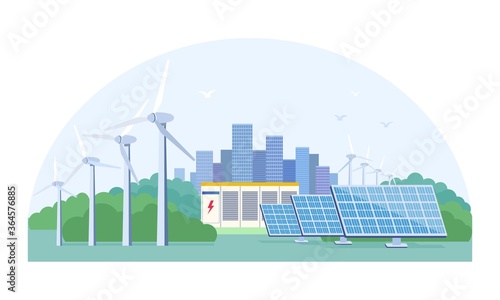 Renewable energy concept with photovoltaic solar panels and wind turbines on the outskirts of a city, colored vector illustration