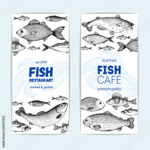 Seafood fish banner set. Fish sketch collection. Hand drawn vector illustration. Food menu illustration. Hand drawn tuna, flounder, cod fish, herring, mackerel, salmon, perch. Engraved style