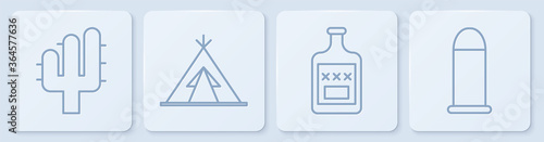 Set line Cactus, Whiskey bottle, Indian teepee or wigwam and Bullet. White square button. Vector.