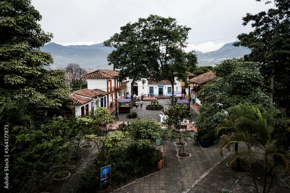 Medellín, Antioquia / Colombia. June 06, 2019. The charming Spanish town of Paisa, founded in 1978, crowns Cerro Nutibara, 80m (262 ft) a natural monument named for the legendary cacique Nuibara.