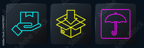 Set line Delivery hand with boxes, Umbrella and Cardboard box with traffic symbol. Black square button. Vector.