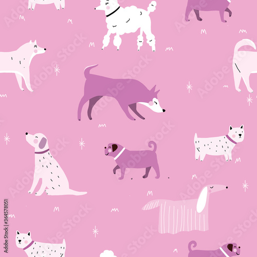 Seamless pink and purple dog monochrome retro hipster pattern.