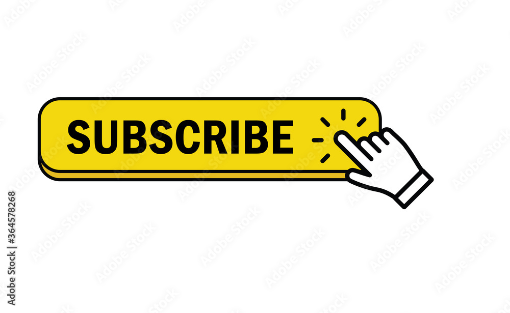 Subscribe button with hand click icon. Finger pointer clicking web site call to action. Clic vector. Subscribe button with hand click icon. Finger pointer clicking web site call to action. Clic vector.