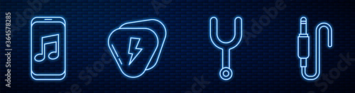 Set line Musical tuning fork, Music player, Guitar pick, Audio jack and Sound mixer controller. Glowing neon icon on brick wall. Vector.