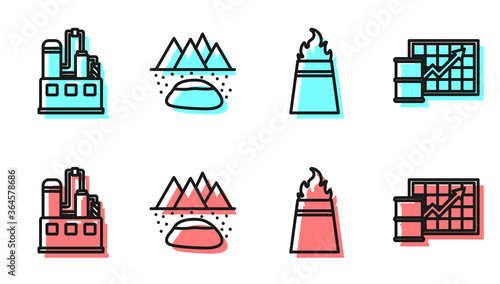 Set line Oil rig with fire, Oil industrial factory building, Oilfield and Oil price increase icon. Vector.