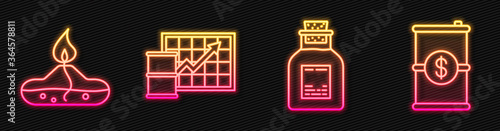 Set line Oil petrol test tube, Alcohol or spirit burner, Oil price increase and Barrel oil with dollar. Glowing neon icon. Vector.