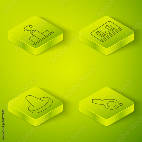 Set Isometric Hockey mechanical scoreboard, Mallet for playing air hockey, Whistle and Hockey over sports winner podium icon. Vector.