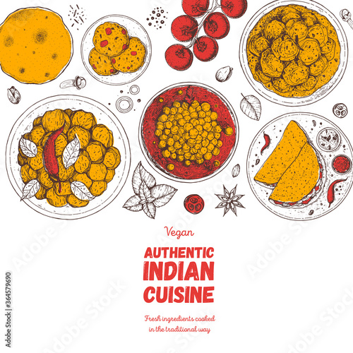 Indian food illustration. Hand drawn sketch. Indian cuisine. Doodle collection. Vector illustration. Menu background. Engraved style. Dish set with Indian thali, naan bread, palak paneer, vada pav.