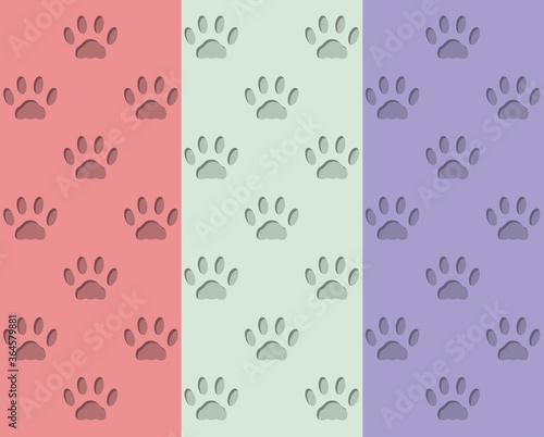 Endless seamless pattern of cat footprints in different colors. Volumetric concave trail of a cat on a red, green and purple background. Vector flat design