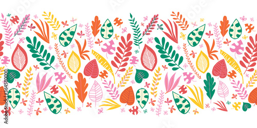 Leaves seamless vector border. Abstract autumn leaves green red yellow orange repeating pattern. Hand drawn leaf nature border. Repeating horizontal illustration for fabric trim, ribbons, Thanksgiving