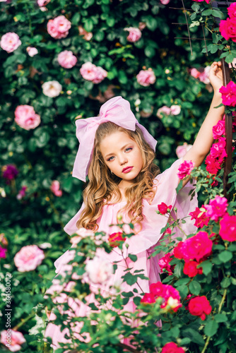 Portrait of a girl in a pink dress with a large bow among flowers. Girl doll in roses.