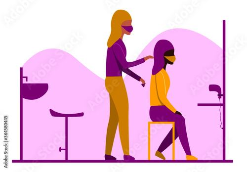 Social distancing. Staff and customers at a hair salon  wearing face masks to protect against coronavirus, vector illustration