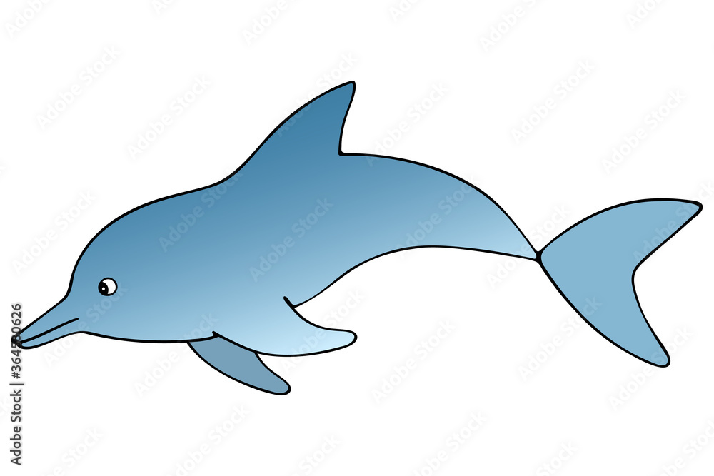 Dolphin. Marine mammal. Vector stock illustration. White isolated background. Inhabitant of the ocean. Cartoon style. World Whale and Dolphin Day. Tropical waters. Aqua creation with tail and fins. Dolphin. Marine mammal. Vector stock illustration. White isolated background. Inhabitant of the ocean. Cartoon style. World Whale and Dolphin Day. Tropical waters. Aqua creation with tail and fins.