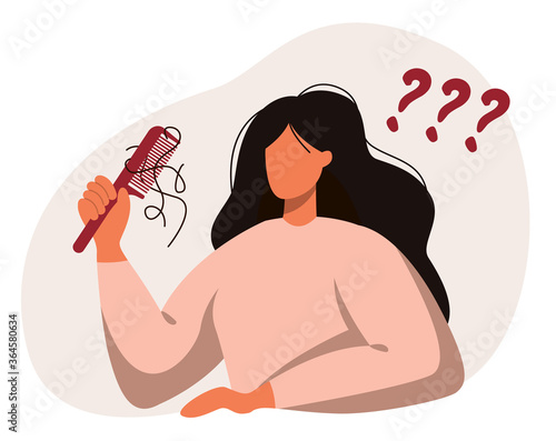Flat vector illustration of a female with a comb in hand. Hair loss, alopecia in young age, hair problems, baldness.