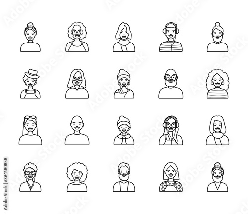 cartoon women and diversity people icon set, line style