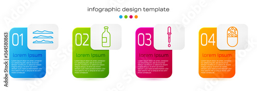 Set line Cocaine or heroin drug, Alcohol drink bottle, Pipette and Medicine pill or tablet. Business infographic template. Vector.