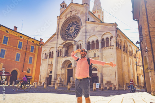 happy Tourist visit city center of Modena in the main square of the city. Major destination in Emilia-Romagna, Italy