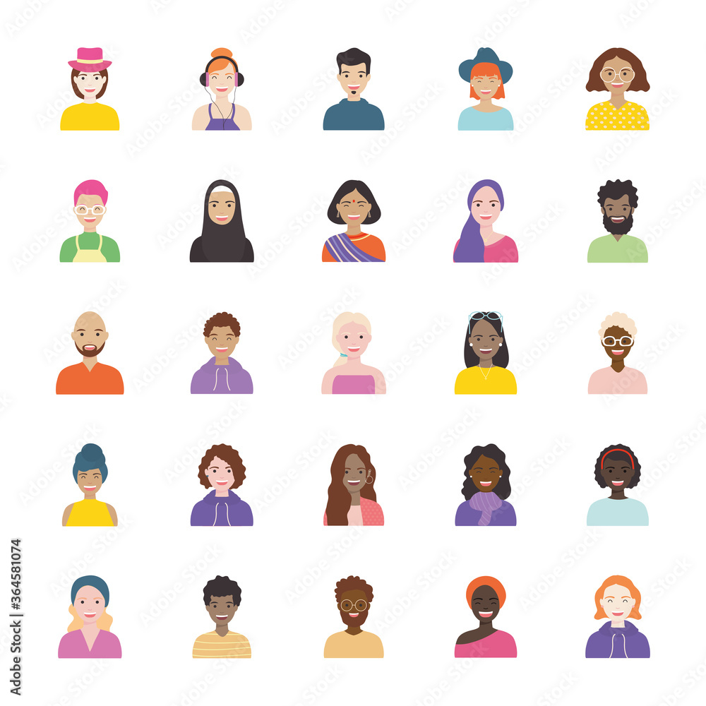 bald man and diversity people icon set, flat style bald man and diversity people icon set, flat style