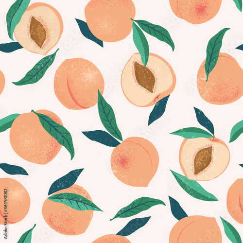 Peach or apricot seamless pattern. Hand drawn fruit and sliced pieces. Summer tropical endless background. Vector fruit design for label, fabric, packaging.