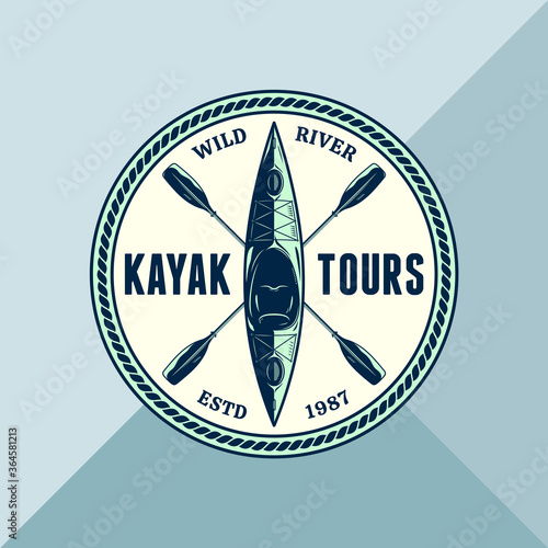 Vector kayak adventures, camp or club round logo with paddles and boat. Water sport, kayaking, canoeing, rafting badge design concept