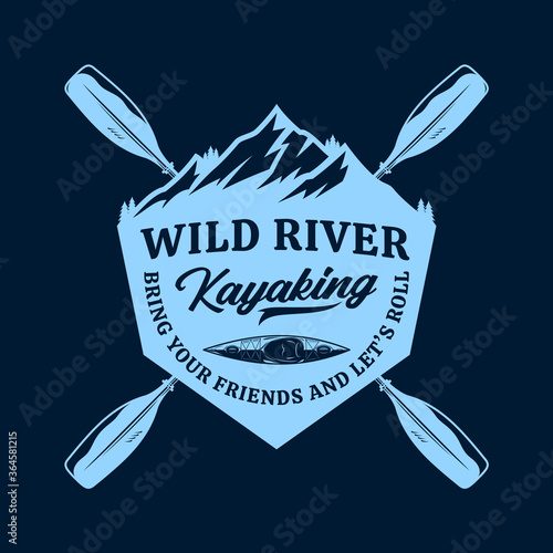Vector mountain river kayak adventures, camp or club logo with paddles, boat and mountain silhouette. Water sport, kayaking, canoeing, rafting badge design concept