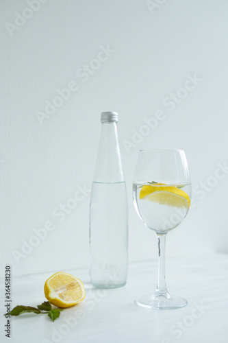 Glass of cold water with lemon and mint standing on the white background