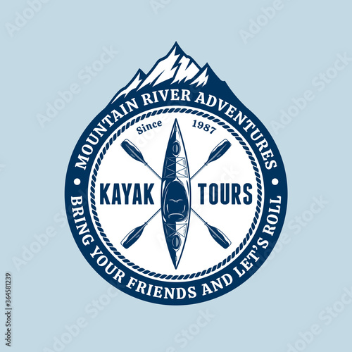 Vector mountain river kayak adventures logo with paddles, boat and mountain silhouette. Water sport, kayaking, canoeing, rafting badge design concept