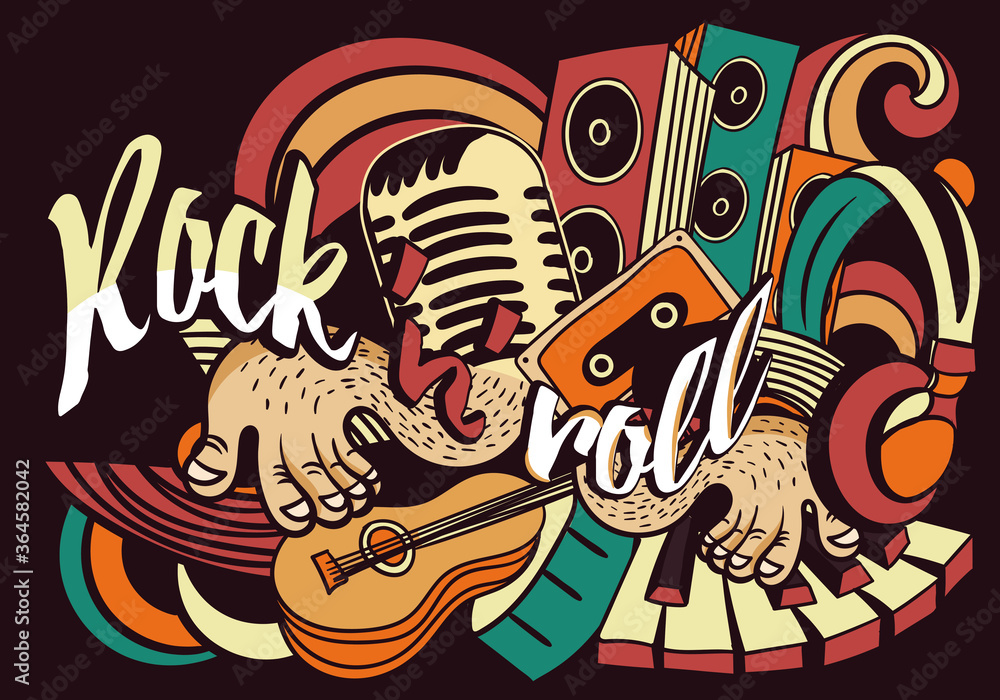 Vibrant bold music doodle for Rock n Roll with hands playing a keyboard, guitar, speakers and musical notes, colored vector illustration