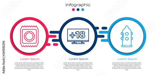 Set line Condom in package safe sex, Monitor with 18 plus content and Condom. Business infographic template. Vector.