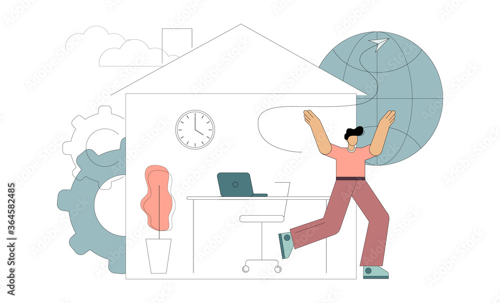 Quarantine is over, pandemic end. The little man joyfully runs out of the house. Symbol of graduation isolated. Vector illustration Quarantine is over, pandemic end. The little man joyfully runs out of the house. Symbol of graduation isolated. Vector illustration