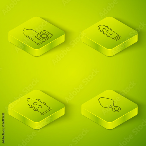 Set Isometric Dildo vibrator, Condom, Anal plug and Condom icon. Vector.