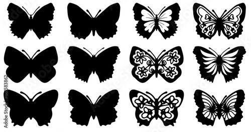 Butterflies carve, shadow and line set, Vector illustration.
