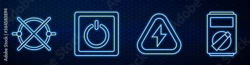 Set line High voltage, Electric circuit scheme, Electric light switch and Multimeter. Glowing neon icon on brick wall. Vector.