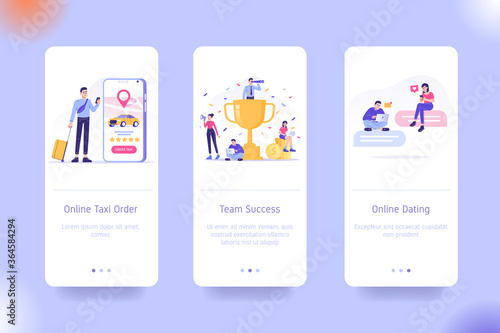 Application design set for Online Taxi Ordering, Team Success and Online Dating. UI onboarding screens design. Mobile app template. Modern vector illustrations for user interface