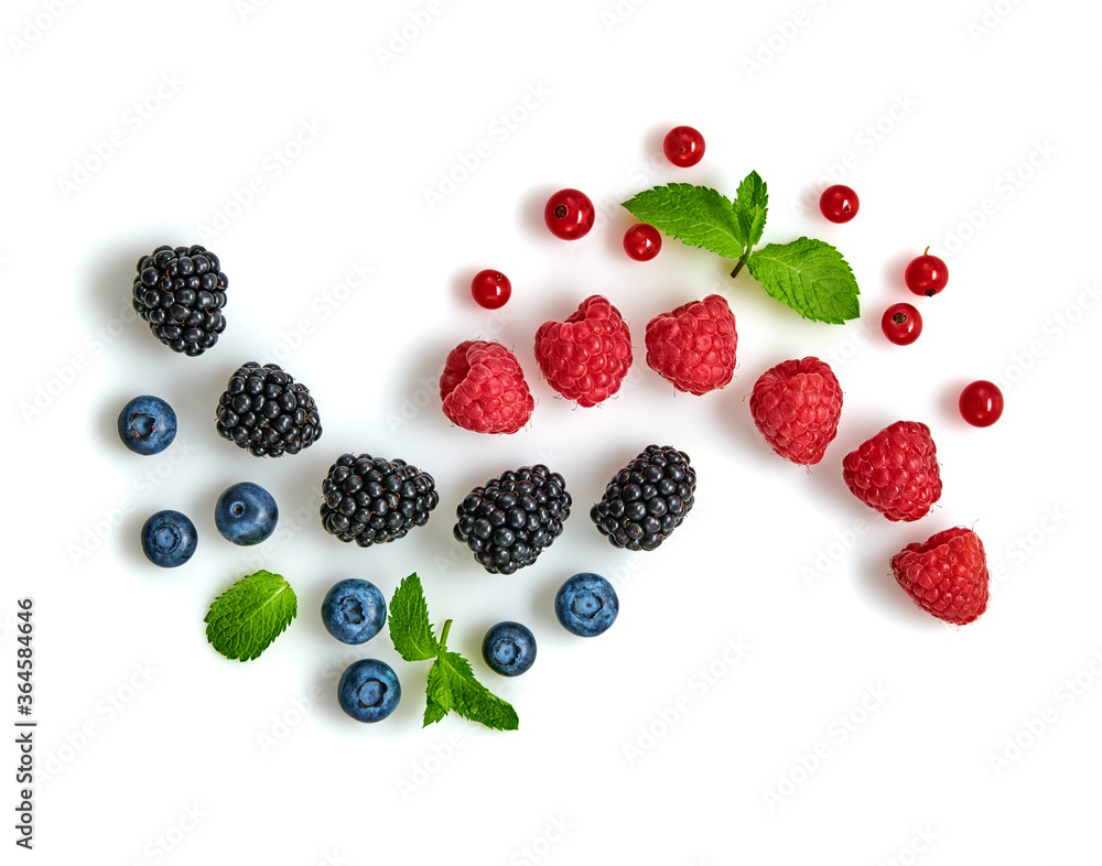 Blueberry, raspberry, blackberry, redcurrant isolated on white. Fresh blueberry, berries closeup. Ripe red raspberry, blue blackberry creative composition. Colorful trendy concept, top view. Blueberry, raspberry, blackberry, redcurrant isolated on white. Fresh blueberry, berries closeup. Ripe red raspberry, blue blackberry creative composition. Colorful trendy concept, top view.