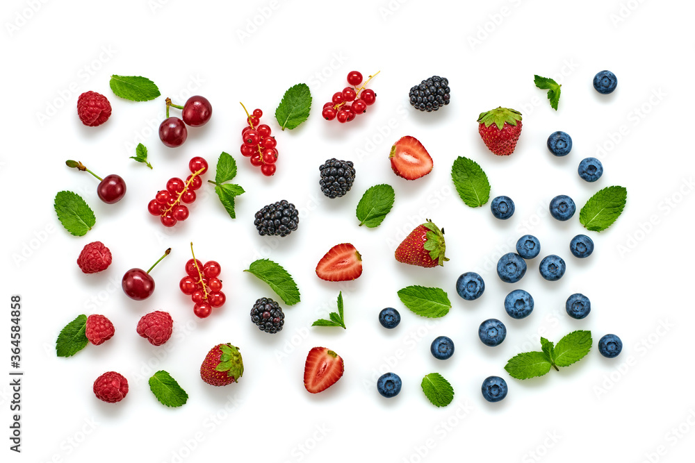 Blueberry, raspberry, strawberry, redcurrant, cherry isolated on white. Fresh blueberry, berries closeup. Ripe red raspberry, strawberry creative composition. Colorful trendy concept, top view. Blueberry, raspberry, strawberry, redcurrant, cherry isolated on white. Fresh blueberry, berries closeup. Ripe red raspberry, strawberry creative composition. Colorful trendy concept, top view.
