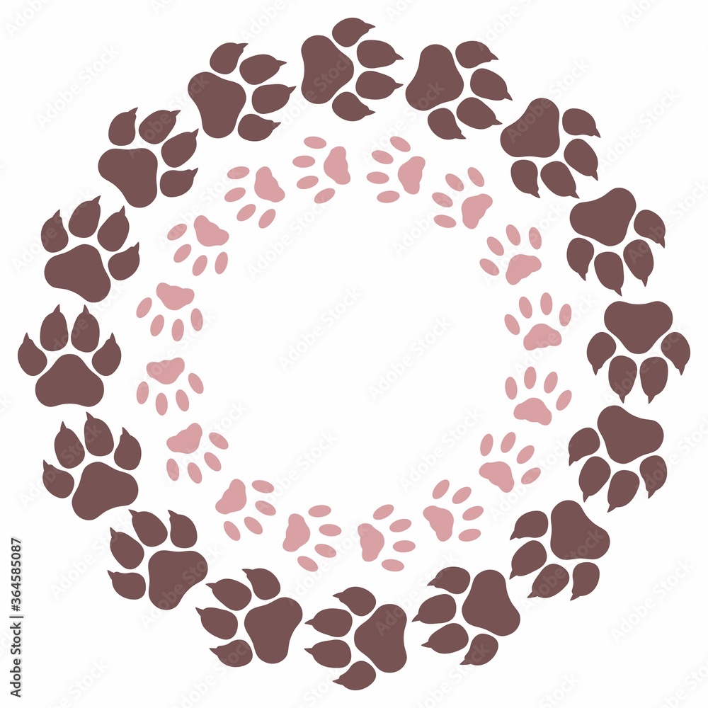 Circles of cat and dog tracks. Wreaths of vector paw prints. Isolated