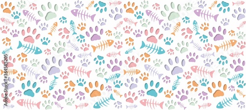 Volumetric prints of cat's paws and skeletons of fish of different colors on a white background. Warm endless seamless vector pattern of cat tracks. Pads and fish bones