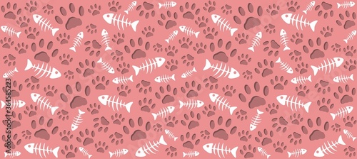 Volumetric prints of cat's paws of dark red and skeletons of white fish on a pink background. Endless seamless vector pattern of cat tracks. Pads and fish bones