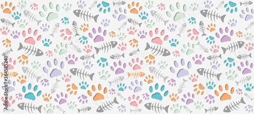 Volumetric prints of cat's paws and skeletons of fish of different colors on a light gray background. Warm endless seamless vector pattern of cat tracks. Pads and fish bones