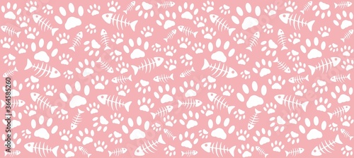 Imprints of cat's paws and skeletons of white fish on a pink background. Endless seamless vector pattern of cat tracks. Pads and fish bones