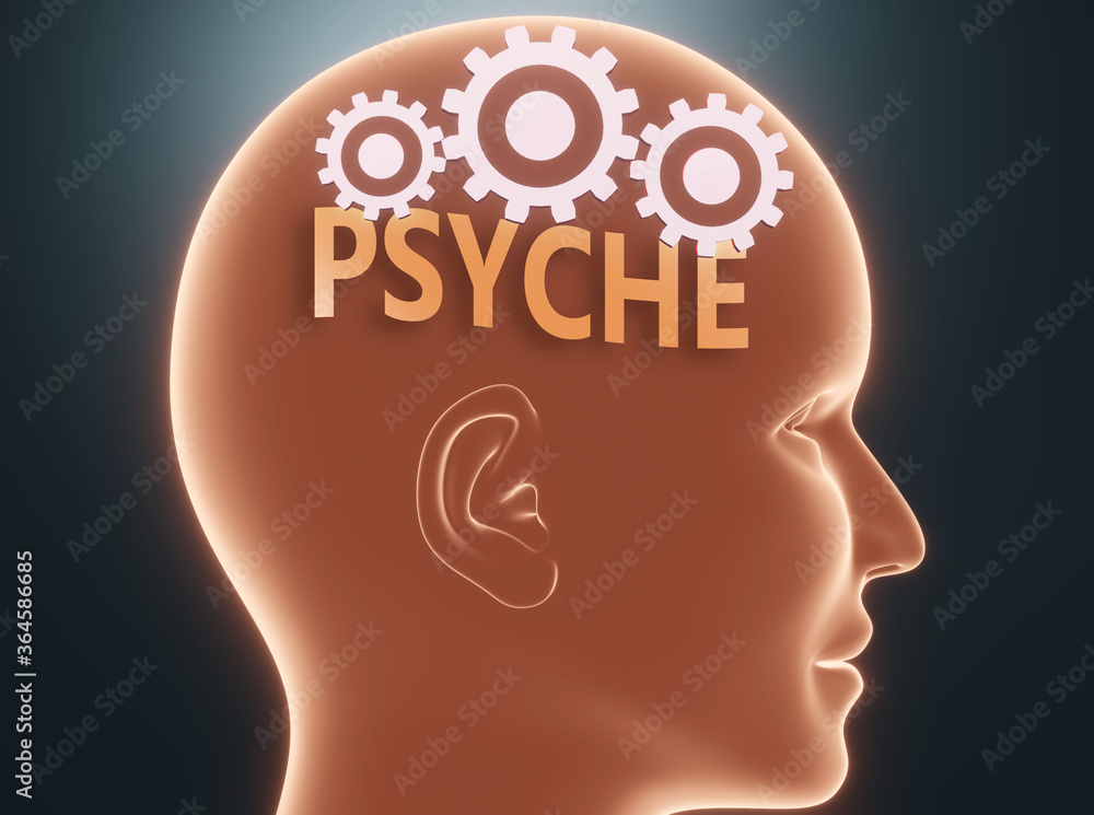 Psyche inside human mind - pictured as word Psyche inside a head with cogwheels to symbolize that Psyche is what people may think about and that it affects their behavior, 3d illustration
