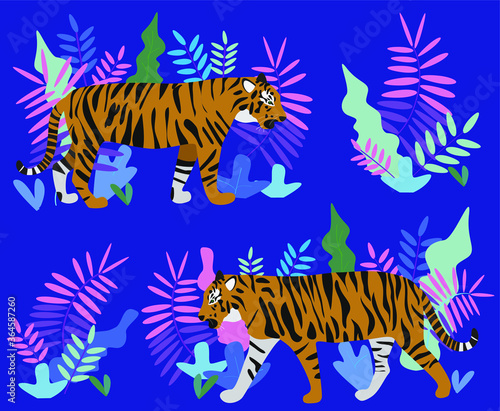 Vector illustration of a wild tiger on the tropical background © Marina