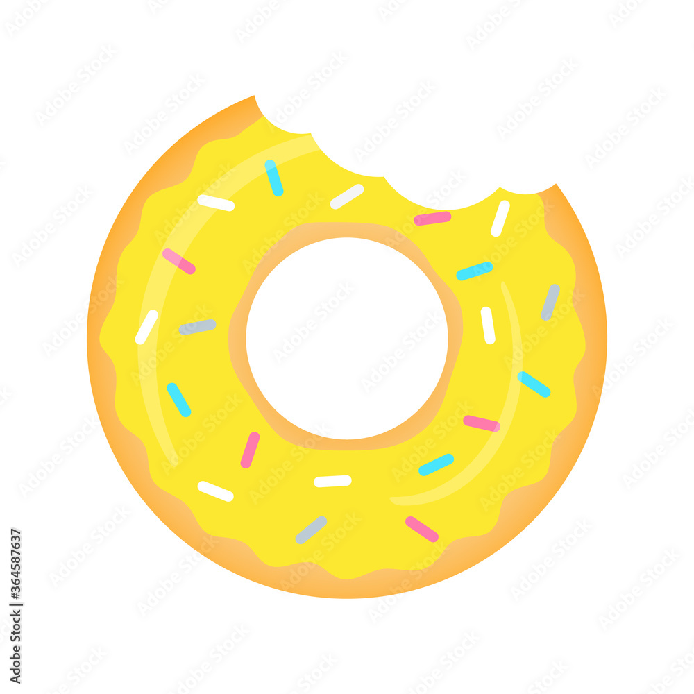 Yellow donut vector isolated on white. Donuts with a mouth bite. Sweet donuts with banana glaze illustration. Yellow donut vector isolated on white. Donuts with a mouth bite. Sweet donuts with banana glaze illustration.